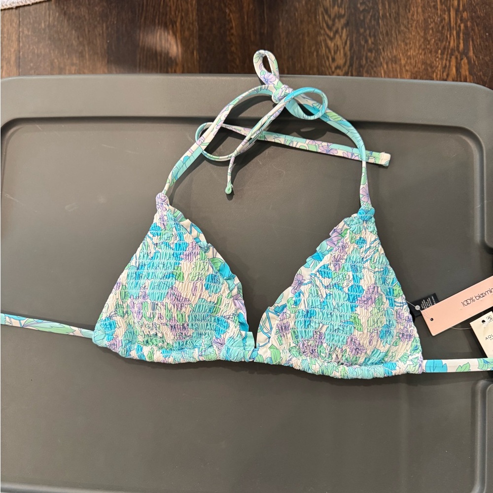 Aqua Smocked Triangle Bikini Top - Picture 7 of 9